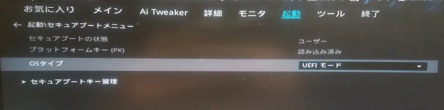 OSタイプをUEFIモードに設定