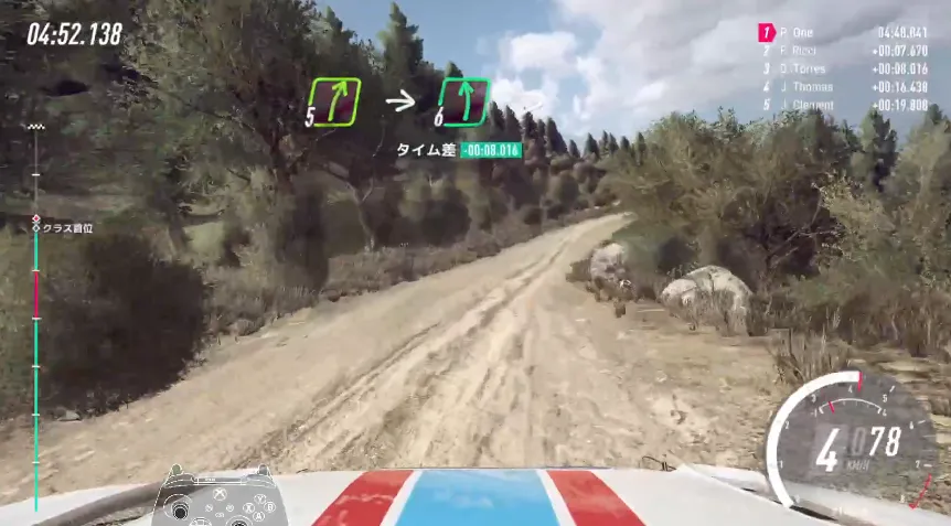 ここのkeep leftからのイン側の岩に何回やられたかわからない。画像上でも4速まで落として警戒している。<br>このあとのleft tightもクラッシュ多発地帯